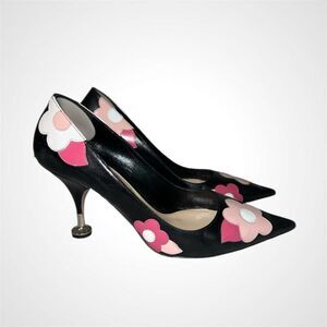 Prada Black Leather Floral Low Heel Pump 37